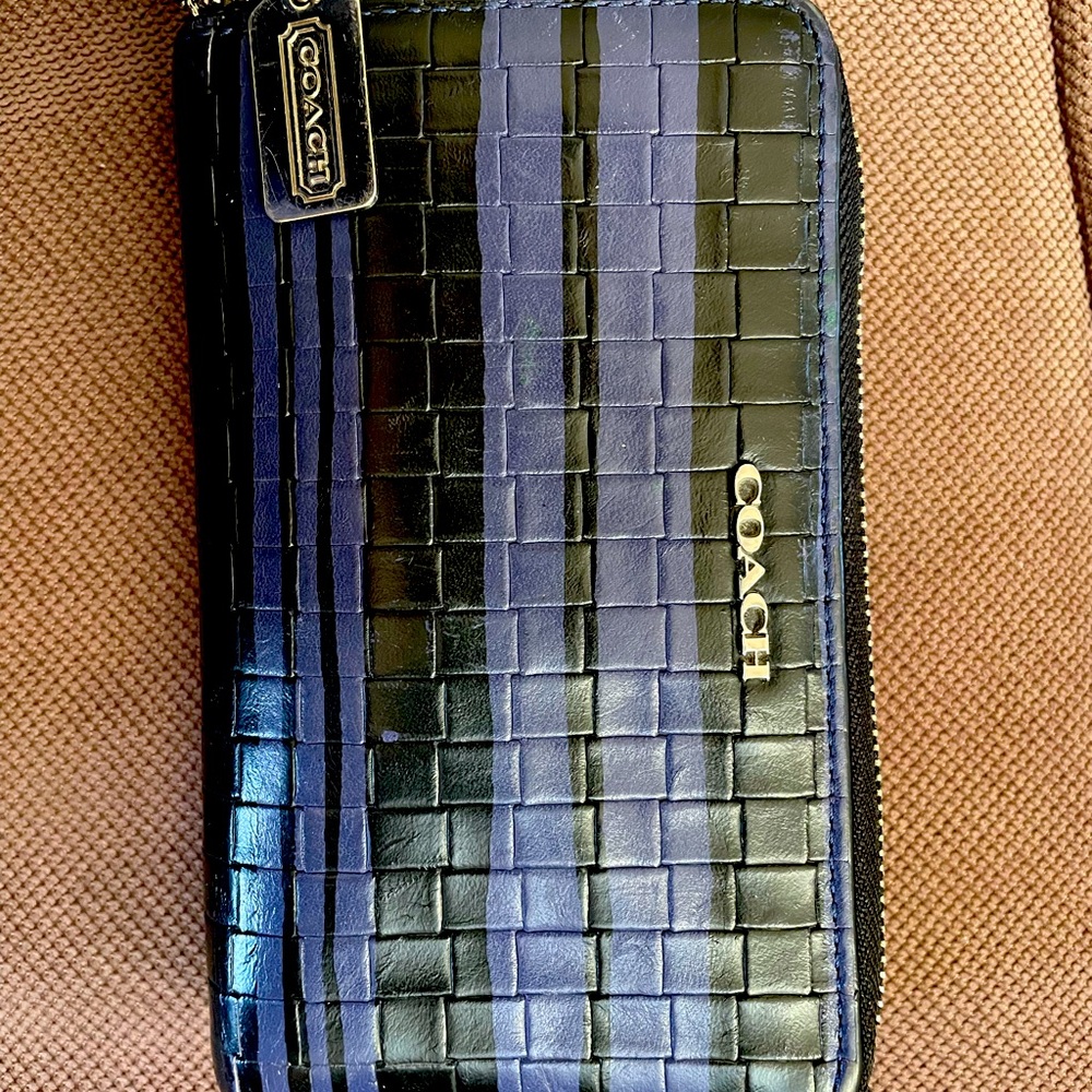 COACH Leather Clutch Double Zip Wallet Woven Navy Purple